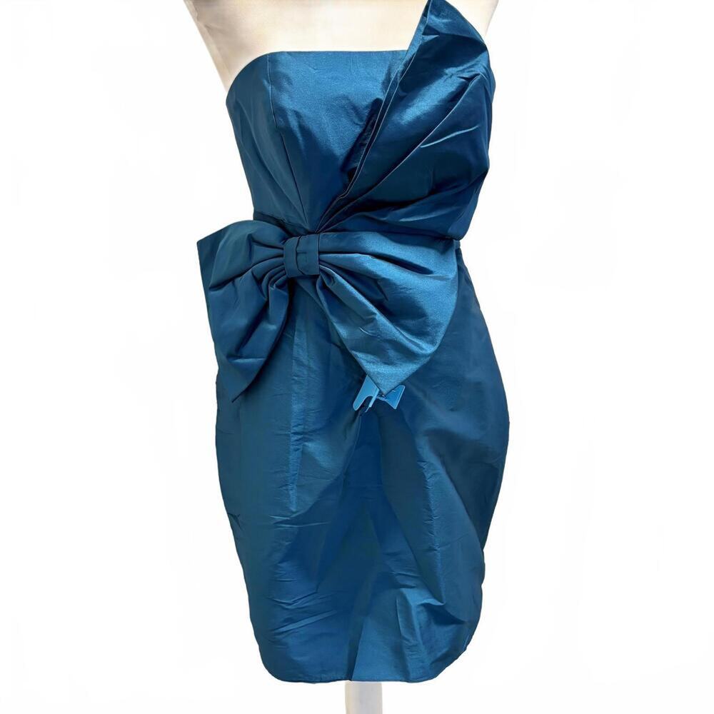 NWT Liz Fields Teal Textured Satin Strapless Retro Pleated Dress w/ Bow Glam